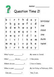 English Worksheet: Questions Wordsearch 2