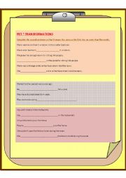 English Worksheet: PET examination - TRANSFORMATIONS