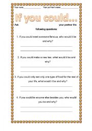 English Worksheet: If you could.... (ice-breaker)
