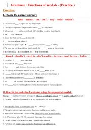 English Worksheet: FUNCTIONS OF MODALS - (PRACTICE + NICE EXAMPLES)) 