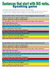 English Worksheet: Sentences that start with ING verbs- Speaking game - explanation on how I worked it included.