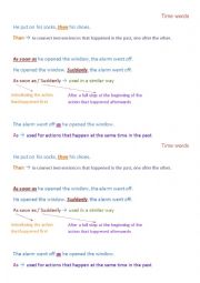 English Worksheet: time words - suddenly, as, as soon as, then