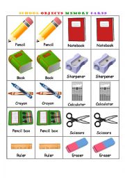 English Worksheet: Classroom Objects Memory Cards