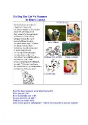 English Worksheet: MY DOG HAS GOT NO MANNERS (a poem + a pictionary)