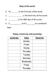 English Worksheet: Days of the week, months of the year, yesterday and tomorrow