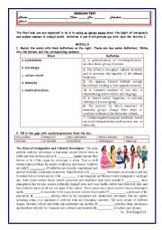 English Worksheet: Test on immigration, stereotypes, cultural diversity, multicultural society