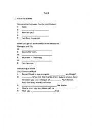 English Worksheet: Test on conversation, Reading, Colours, Alphabetical orders, Listening skills and Numbers