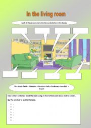 English Worksheet: In the living room + prepositions of place.