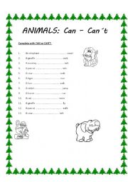 English Worksheet: CAN - CANT WITH ANIMALS