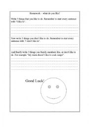 English Worksheet: Homework - I like to