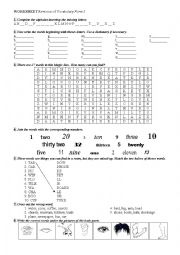 English Worksheet: Revision of vocabulary (alphabet, numbers, parts of the body etc.)