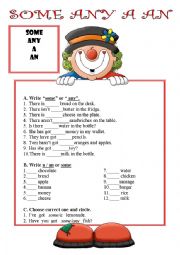 English Worksheet: SOME ANY A AN