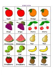 English Worksheet: Fruits Memory Game Cards