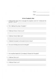 English Worksheet: All of the Presidents Men Movie Worksheet