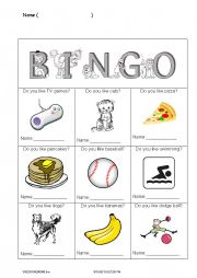 English Worksheet: Elementary Bingo: Do you like ____?