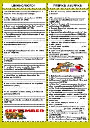 English Worksheet: Practice 1: linking words & prefixes and suffixes (+key)