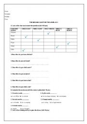 English Worksheet: THE SECOND QUIZ FOR THE LEVEL A1.1