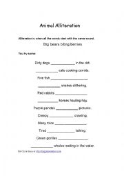 English Worksheet: Animal alliterations