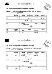 English Worksheet: school subjects pairwork
