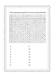 English Worksheet: Find 16 adjectives