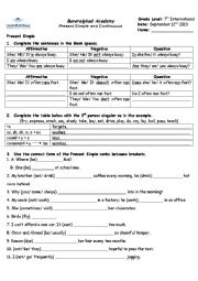 English Worksheet: Present Simple & Continuous + State verbs