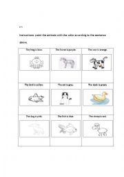 English Worksheet: animals and colors