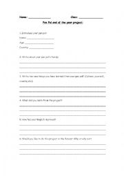 English Worksheet: Pen Pal end of the year project