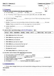 English Worksheet: Quiz N�1 Semester 2 _ for common core sts (elementary) in Morocco