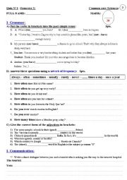 English Worksheet: Quiz N1 Semester 2 _ for common core sts (elementary) in Morocco