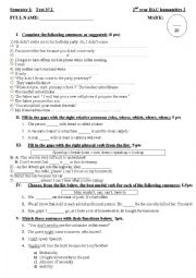 English Worksheet: Test N�2 _ Class 1 (for  2nd year BAC sts in Morocco)  semester1