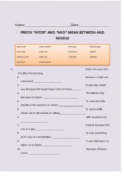 English Worksheet: Prefix inter and mid