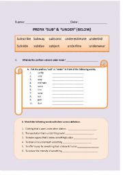 English Worksheet: Prefixes sub and under