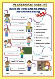 English Worksheet: Classroom jobs: pictionary and missing verbs 