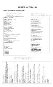 English Worksheet: Conditionals 1, 2 & 3 Songs