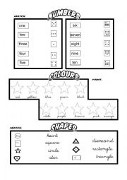 English Worksheet: Numbers, Colours and Shapes.