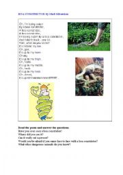 English Worksheet: BOA CONSTRICTOR (a poem)