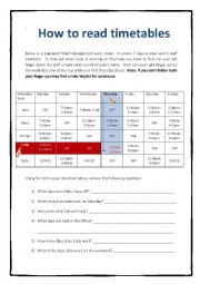 English Worksheet: How to read a timetable/roster