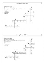 English Worksheet: Recognition and fame - crosswords