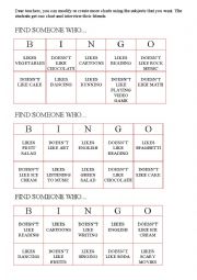 English Worksheet: Bingo - find someone who...