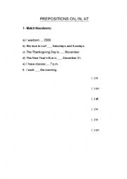 English Worksheet: Prepositions in/at/on