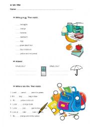 English Worksheet: a/an/the - school objects/ fruit/ colours