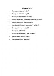 English Worksheet: Have you ever...? questions (second set of questions)