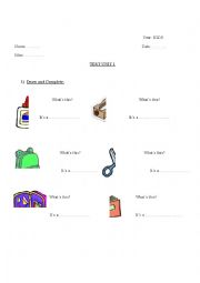 English Worksheet: Test 1st grade School Supplies, Colours and Numbers