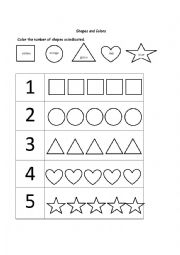 English Worksheet: Shapes, colors and numbers