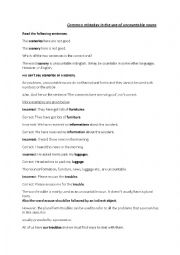 English Worksheet: common mistakes in the use of uncountable nouns