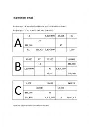 English Worksheet: Big Number Bingo