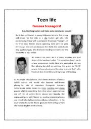 English Worksheet: teen life famous teenagers 