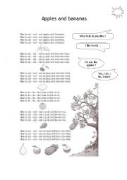 English Worksheet: Fruit + Apples and Bananas Song