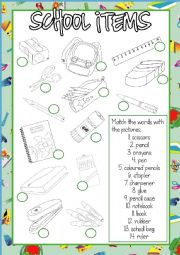 English Worksheet: School items MATCHING
