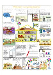 English Worksheet: Where is Everybody?--A Birthday Surprise--rooms of the house, present perfect, present continuous 